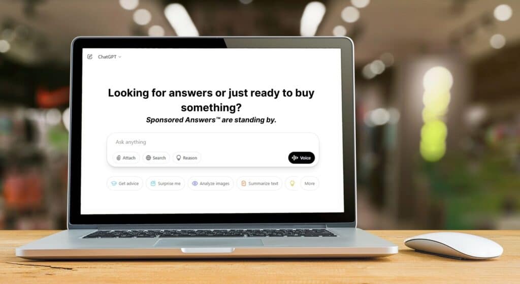Laptop screen displaying ChatGPT interface with the message: 'Looking for answers or just ready to buy something? Sponsored answers™ are standing by.'