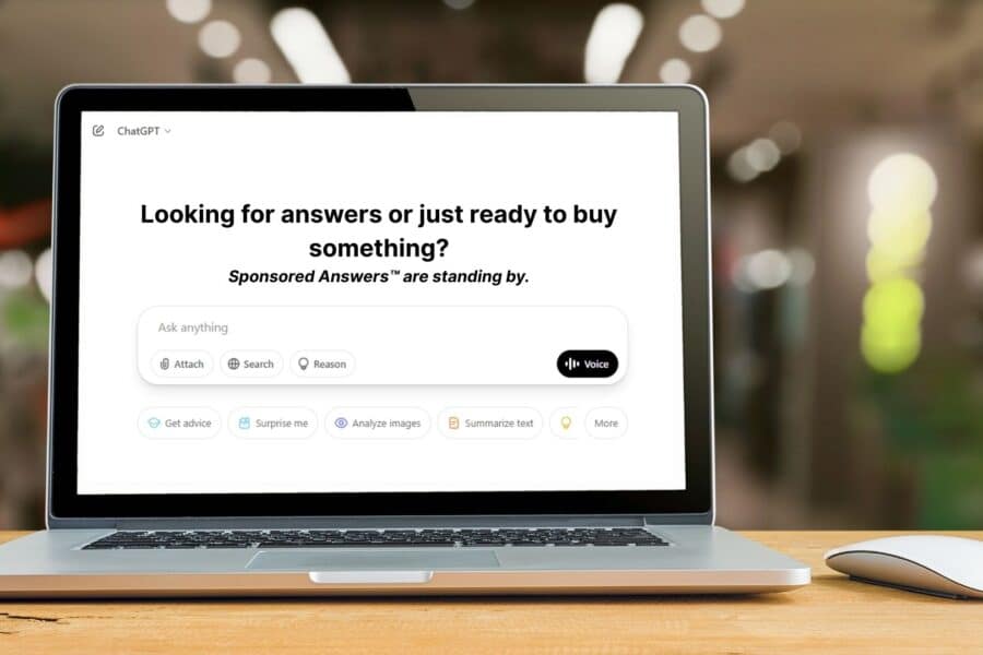 Laptop screen displaying ChatGPT interface with the message: 'Looking for answers or just ready to buy something? Sponsored answers™ are standing by.'